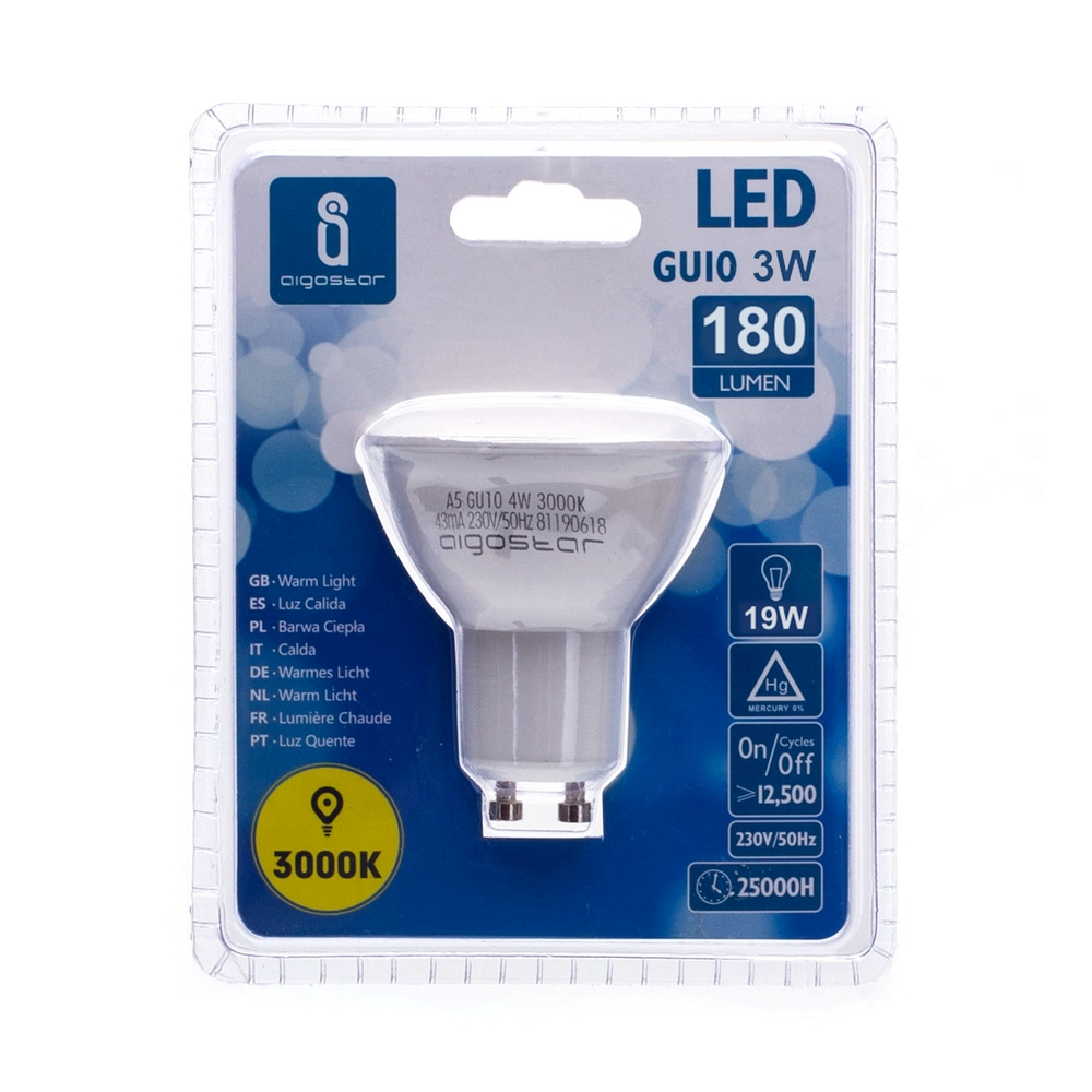 Faretto Led GU10 3W SMD Apertura 120-160 gradi Bianco caldo 3000K