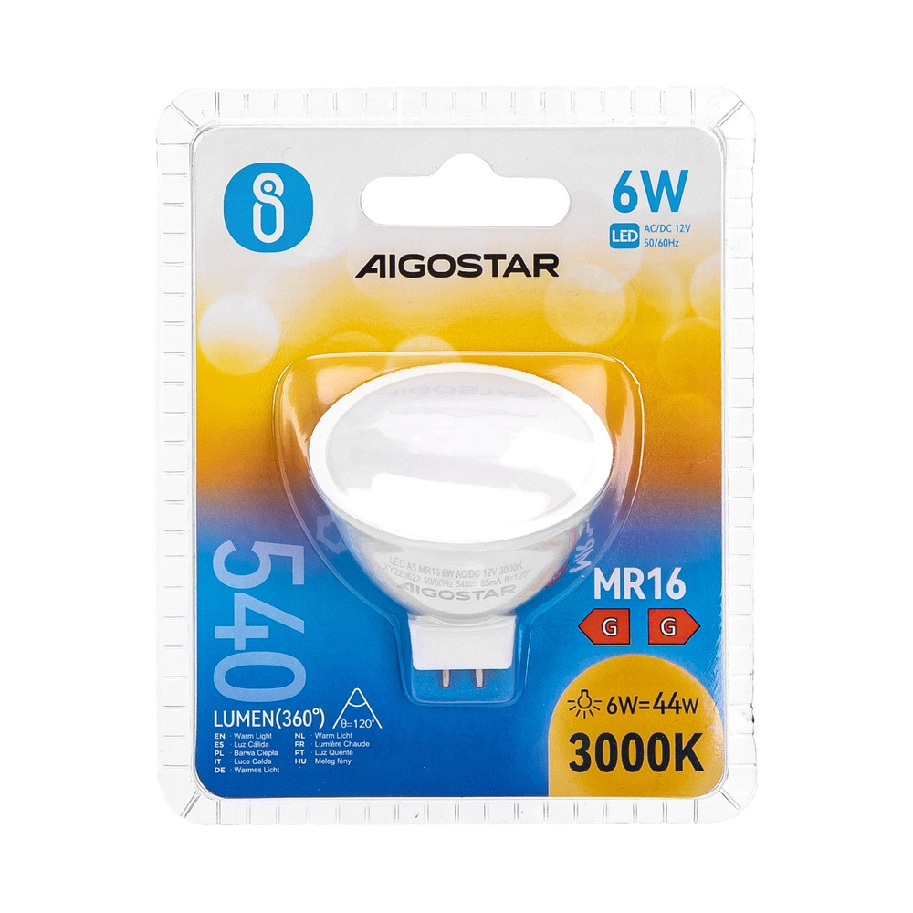 Faretto Led MR16 6W SMD Apertura 120 gradi Bianco caldo 3000K Aigostar 