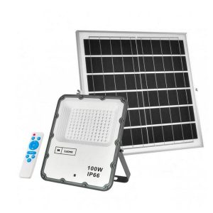 Foto principale Faro Led 100W Grigio con pannello solare IP66 Bianco neutro 4500K Dimmerabile con telecomando e con sensore crepuscolare e di movimento LEDme