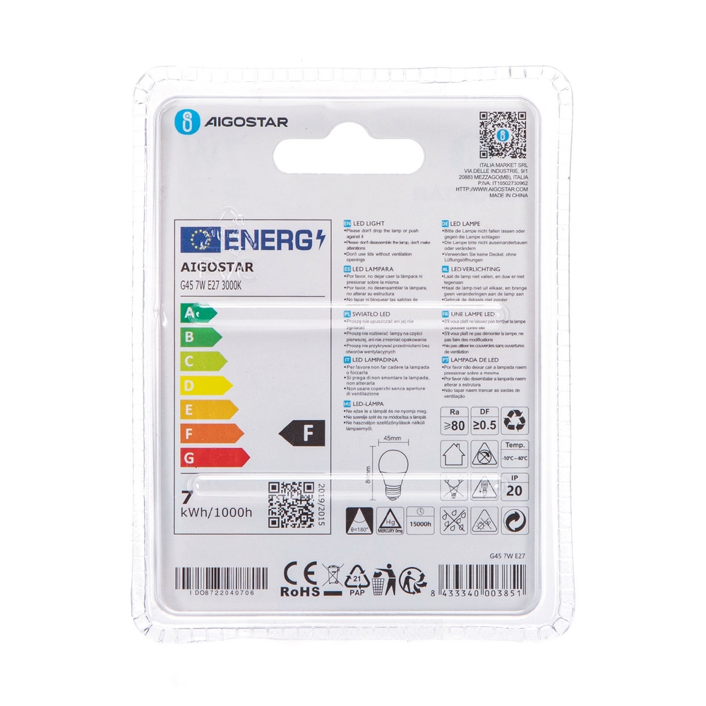 LOHAS Lampadina LED E27 Luce Calda, 7W G45 (equivalente a 60W), Luce Bianca  Calda 3000K 600LM, Lampadine LED E27 G45, Non Dimmerabile, G45 Mini Globo  Lampadine, Pacco da 6 : .it: Illuminazione