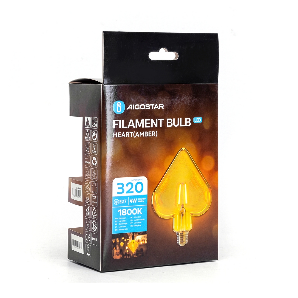 Lampadina Led Vintage a Filamento E27 a Cuore decorativa 4W Bianco caldo 1800K Aigostar - Foto 3