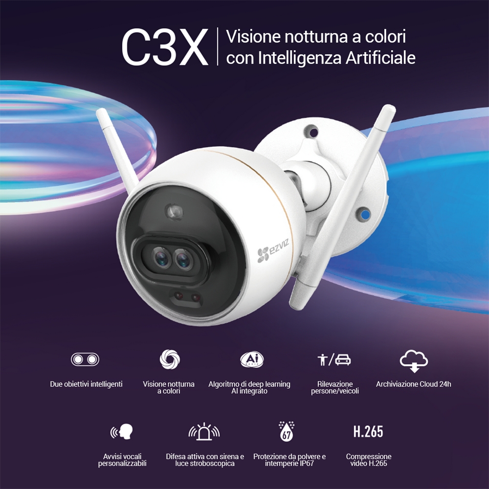 Telecamera di sorveglianza EZVIZ C3X Darkfighter WiFi doppio obbiettivo Full HD 1080p visione notturna a colori segnalazione luminosa e sonora per esterno - Foto 5