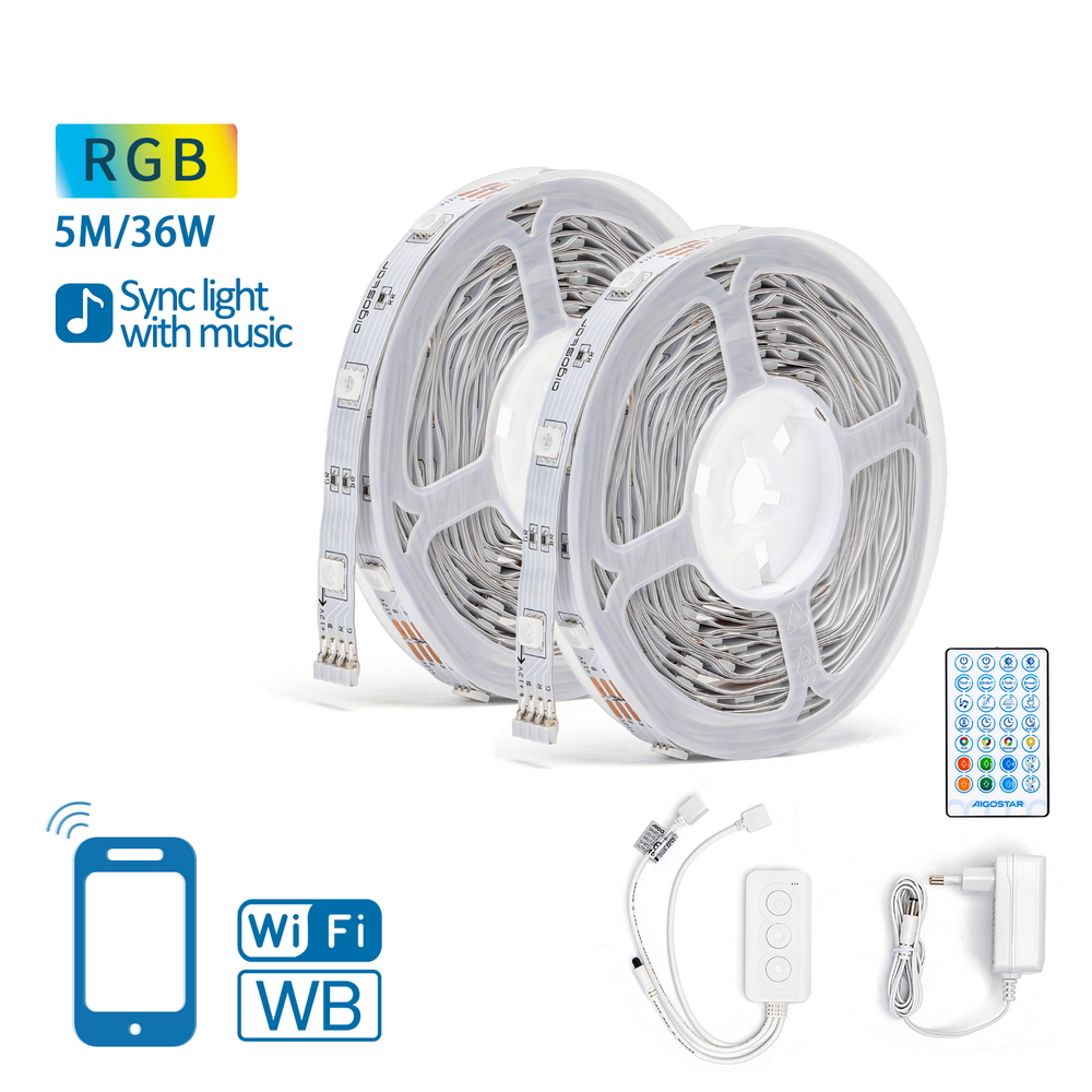 Striscia Led Smart 12V 36W 2×5 metri WiFi RGB luce regolabile e dimmerabile con telecomando Aigostar - Foto 2