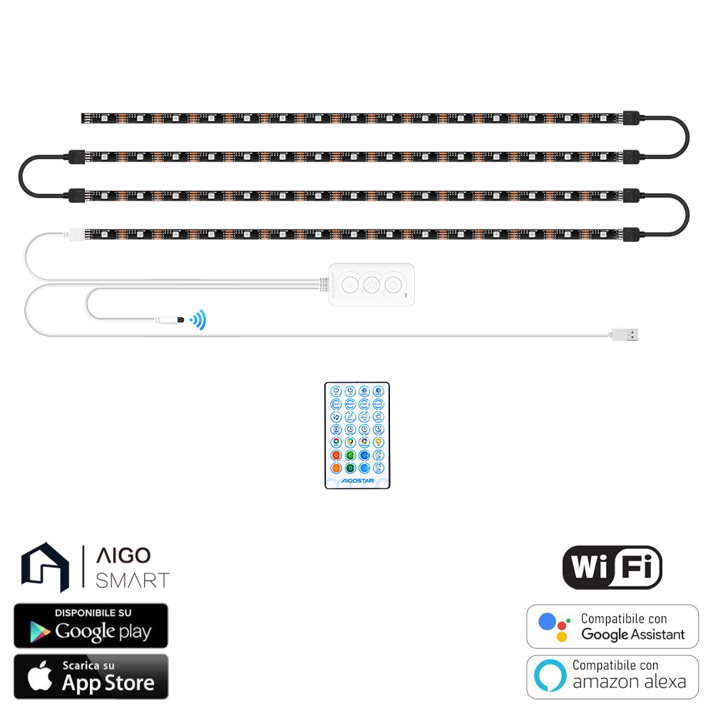 Striscia Led Smart 5V 36W 4x0,5 metri WiFi RGB luce regolabile e  dimmerabile con telecomando Aigostar 