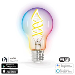 Foto principale Lampadina Led a Filamento Smart A60 E27 4,9W WiFi RGB + Bianco Caldo 2700K luce regolabile e dimmerabile Aigostar