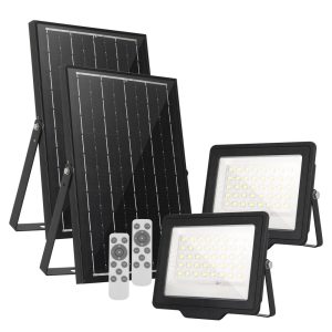 Foto principale Faro Led 120W Nero con pannello solare IP66 Bianco freddo 6500K Dimmerabile con telecomando e sensore crepuscolare confezione da 2pz Wisdom