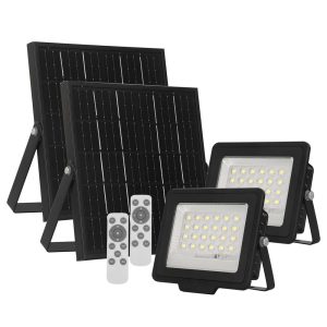 Foto principale Faro Led 60W Nero con pannello solare IP66 Bianco freddo 6500K Dimmerabile con telecomando e sensore crepuscolare confezione da 2pz Wisdom