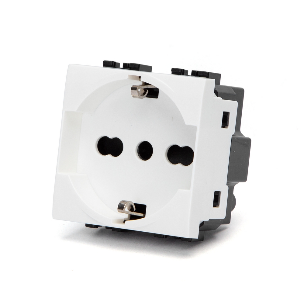 Presa Da Incasso Schuko Tripla 3 Ingressi 16A 250V 3500W - Colore Bianco, IP20, Adatta Per Scatola Tondo Ø 60mm - Prodotta In UE
