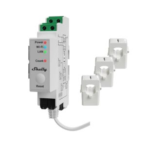 Foto principale Shelly Pro 3EM 120A Misuratore consumo elettrico Smart 3 canali su guida DIN + 3 Pinze amperometriche 120A monitoraggio trifase LAN WiFi Bluetooth