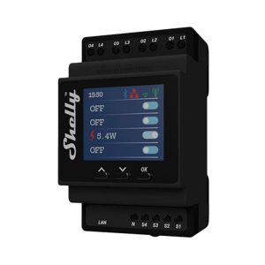 Foto principale Shelly Pro 4PM 40A AC Interruttore relè Smart su guida DIN 4 canalI monitoraggio consumi Display LAN WiFi Bluetooth