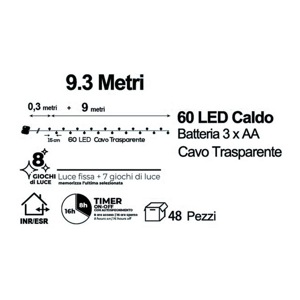 Catena decorata con 60 Perle a Led Bianco Caldo 9 metri cavo trasparente a batteria Wisdom - Foto 2