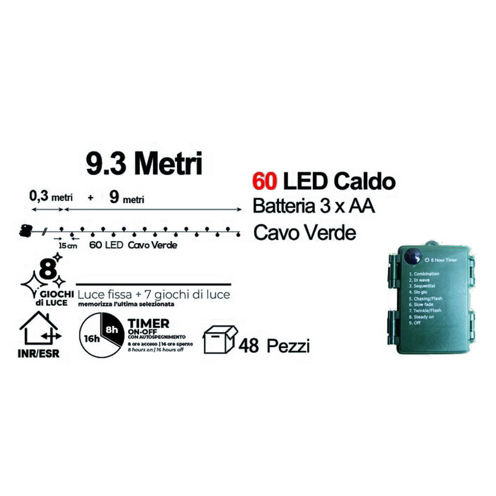 Catena decorata con 60 Perle a Led Bianco Caldo 9 metri cavo verde a batteria Wisdom - Foto 2