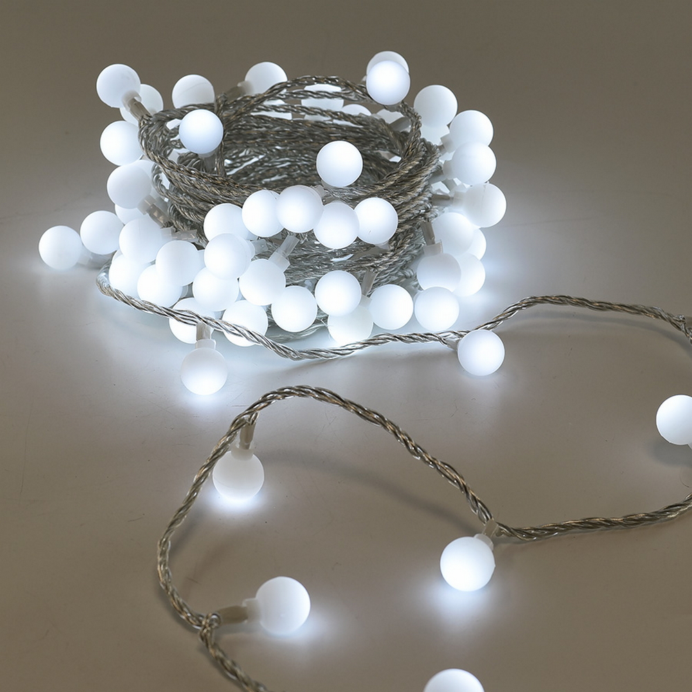 Catena decorata con 60 Perle a Led Bianco Freddo 9 metri cavo trasparente a batteria Wisdom - Foto 1