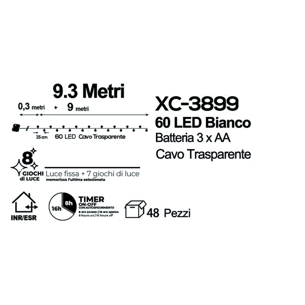 Catena decorata con 60 Perle a Led Bianco Freddo 9 metri cavo trasparente a batteria Wisdom - Foto 2