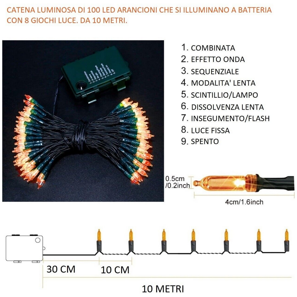 Catena di luci Vintage 10 metri da 100 Led Arancione con cavo verde a batteria Wisdom - Foto 2
