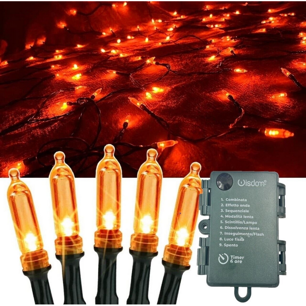 Catena di luci Vintage 10 metri da 100 Led Arancione con cavo verde a batteria Wisdom - Foto 6