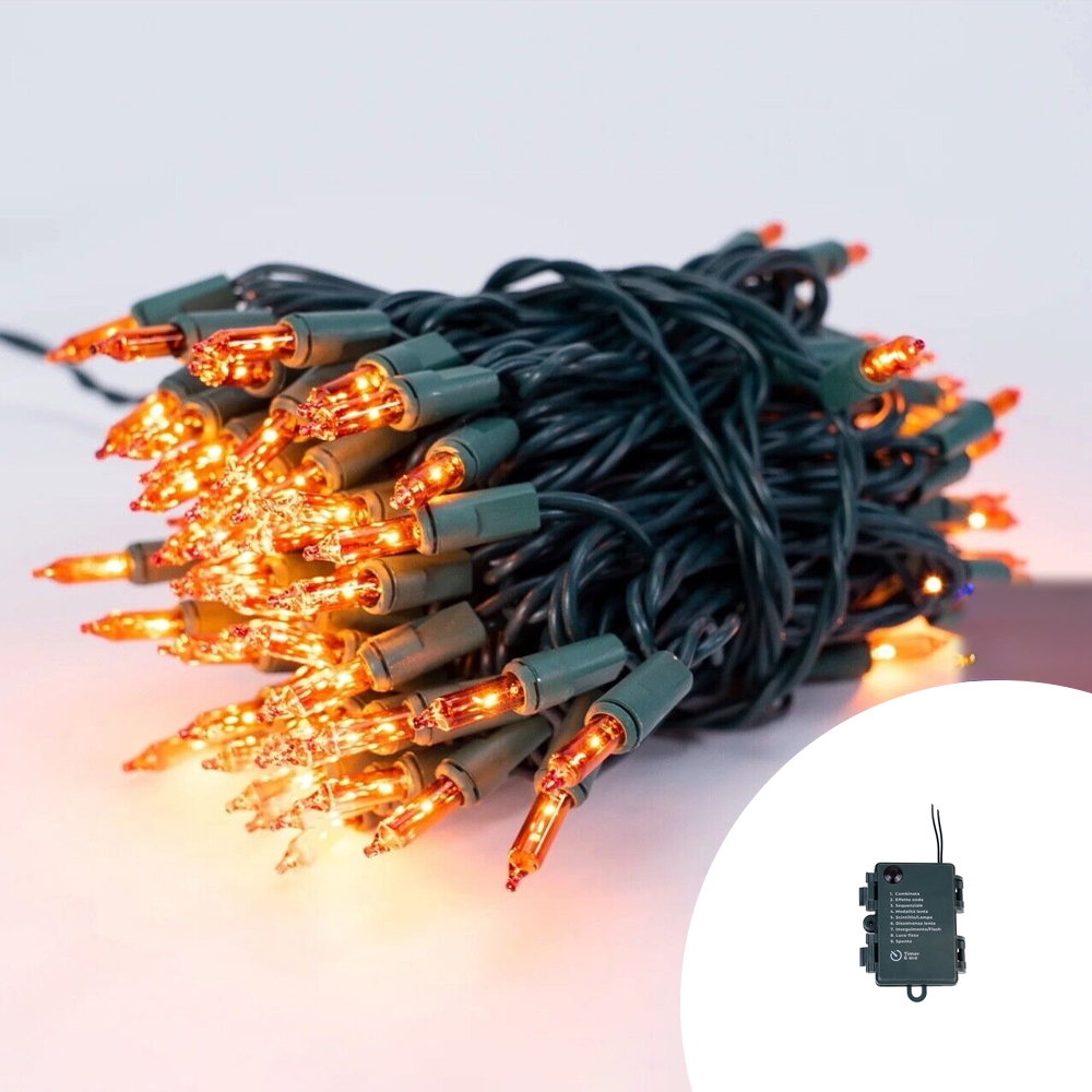 Foto principale Catena di luci Vintage 10 metri da 100 Led Arancione con cavo verde a batteria Wisdom