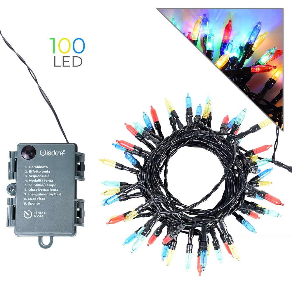 Catena di luci Vintage 10 metri da 100 Led Multicolore con cavo verde a batteria Wisdom - Foto 4