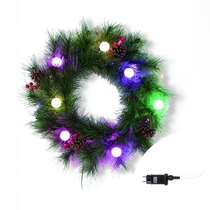 Foto principale Ghirlanda di Natale in fibra ottica verde con pigne e decorazioni rosse e palline bianche led 50cm Wisdom