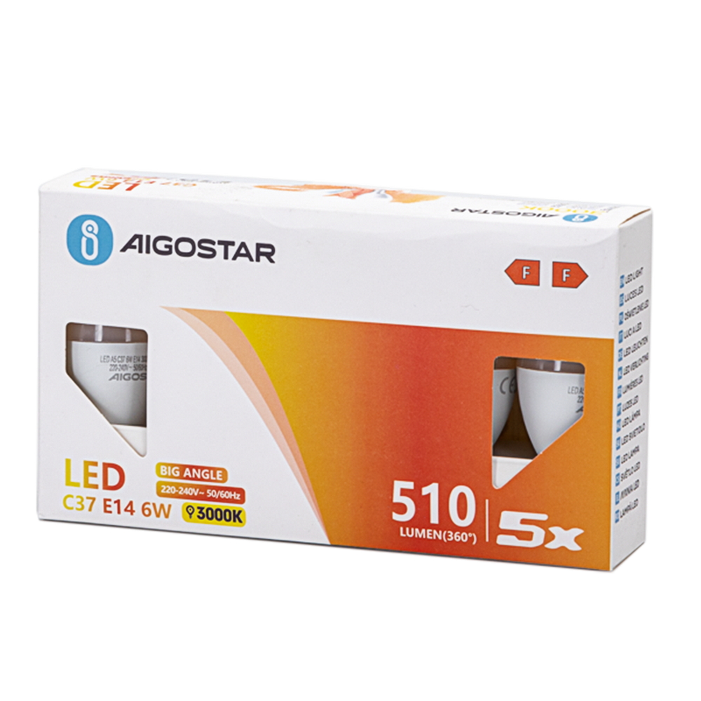Confezione da 5 Lampadine Led E14 C37 6W Bianco caldo 3000K Aigostar - Foto 3