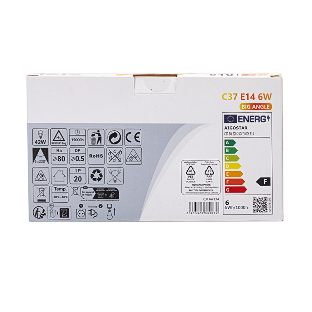 Confezione da 5 Lampadine Led E14 C37 6W Bianco caldo 3000K Aigostar - Foto 4