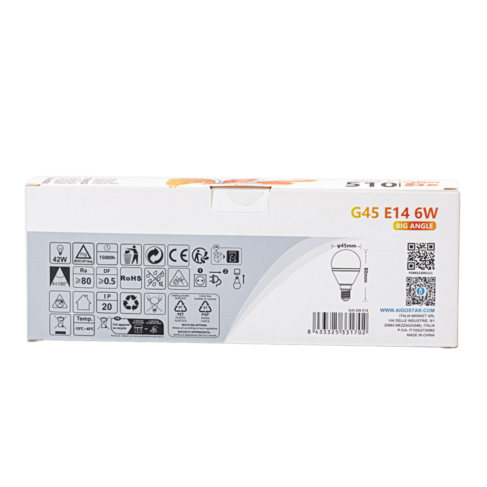 Confezione da 5 Lampadine Led E14 G45 6W Bianco caldo 3000K Aigostar - Foto 4