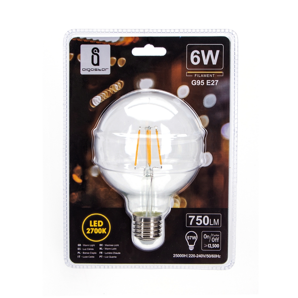 Lampadina Led a Filamento E27 G95 a globo 6W Bianco caldo 2700K Aigostar - Foto 2
