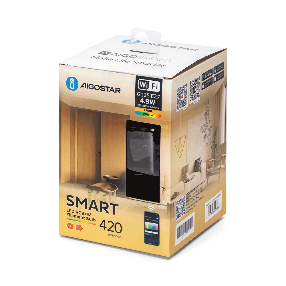 Lampadina Led a Filamento Smart G125 E27 4,9W WiFi RGB + Bianco caldo 2700K luce regolabile e dimmerabile Aigostar - Foto 4
