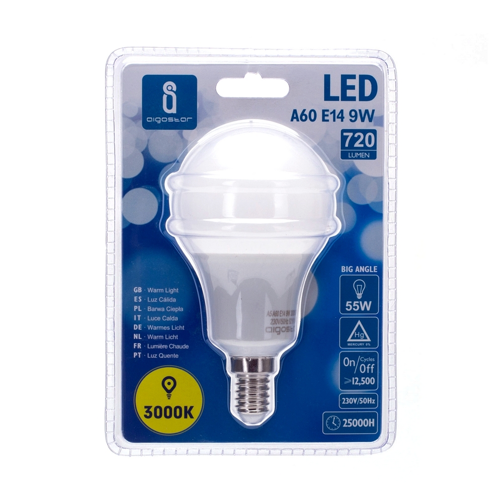 Lampadina Led E14 A60 a bulbo 9W Bianco caldo 3000K Aigostar - Foto 1
