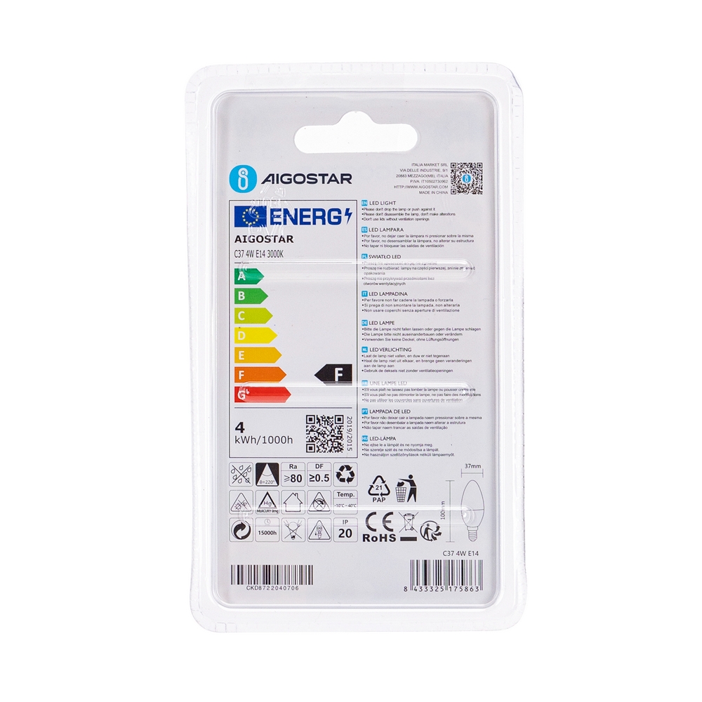 Lampadina Led E14 C35 a candela 4W Bianco caldo 3000K Aigostar - Foto 3