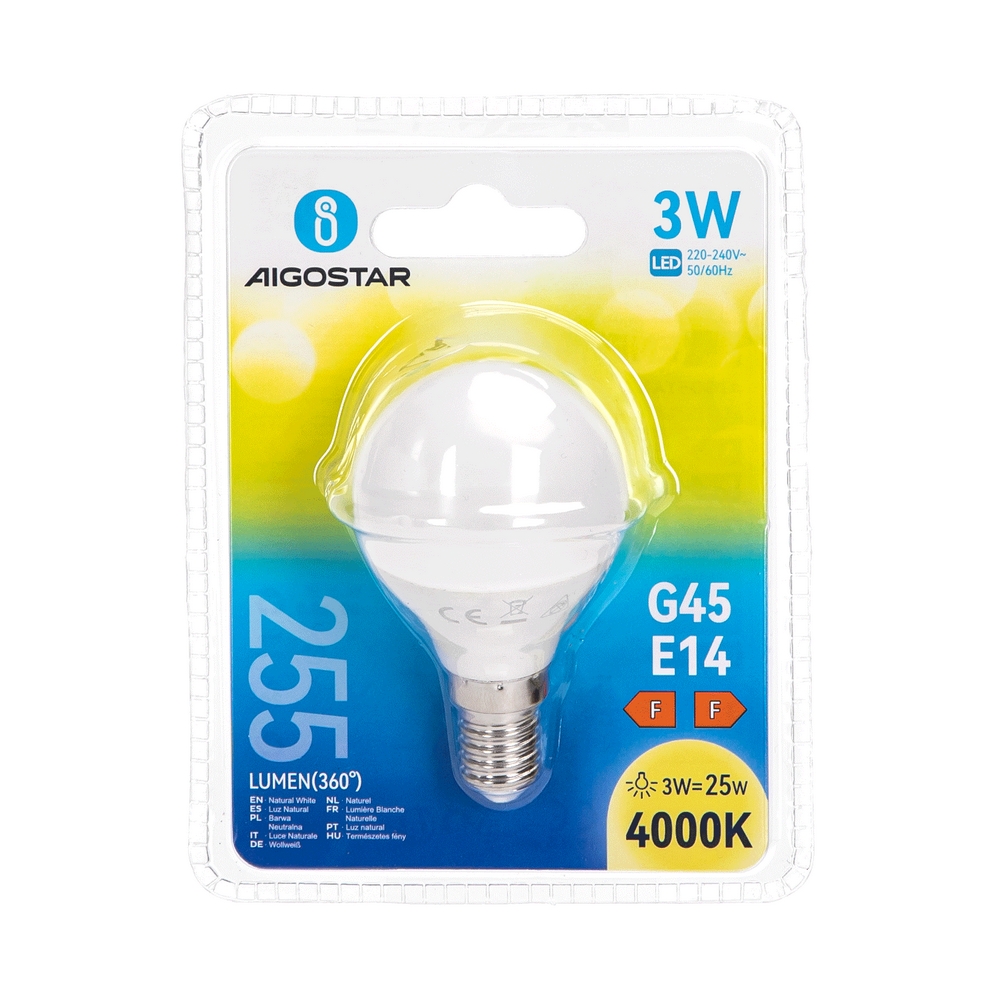 Lampadina Led E14 G45 a sfera 3W Bianco neutro 4000K Aigostar - Foto 2