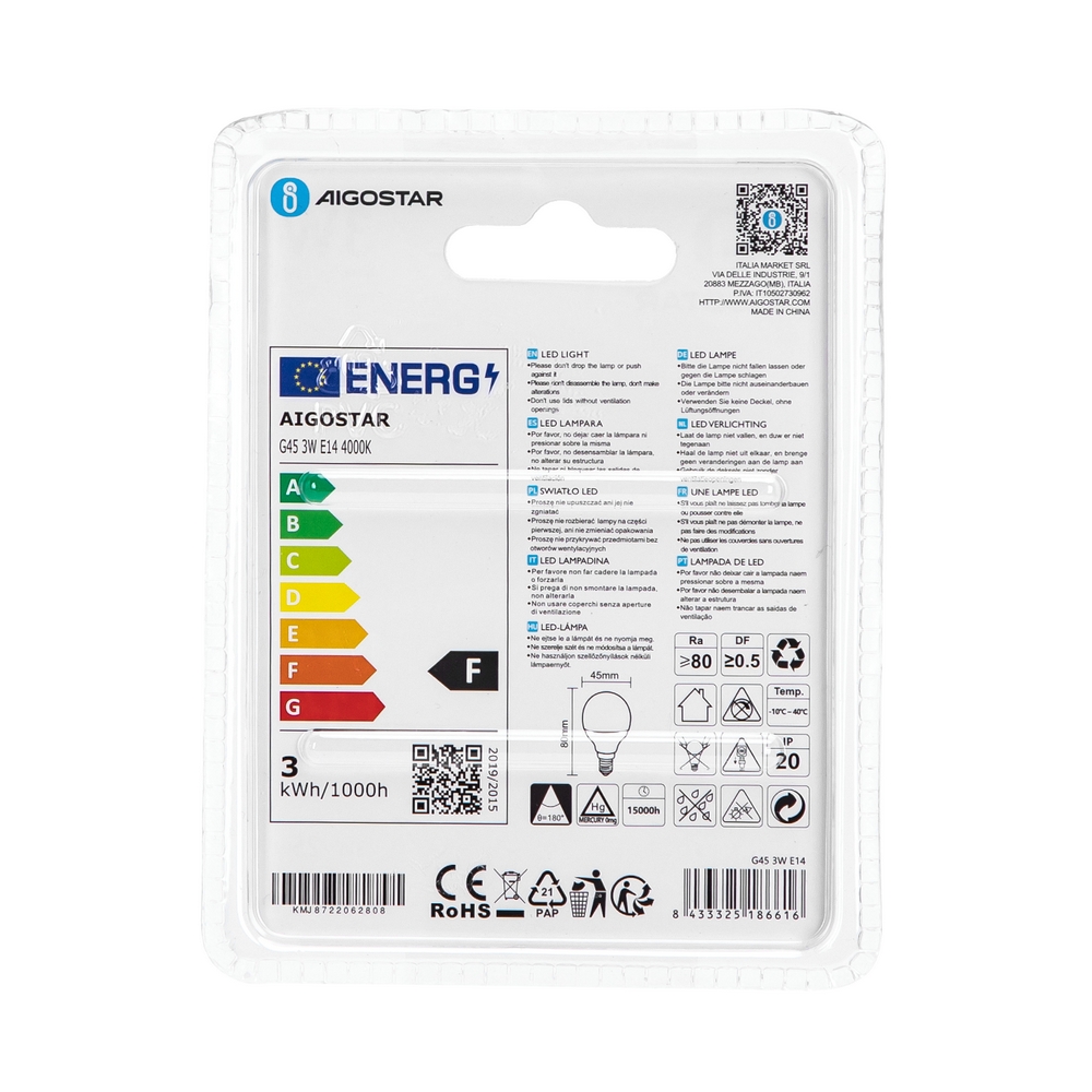 Lampadina Led E14 G45 a sfera 3W Bianco neutro 4000K Aigostar - Foto 3