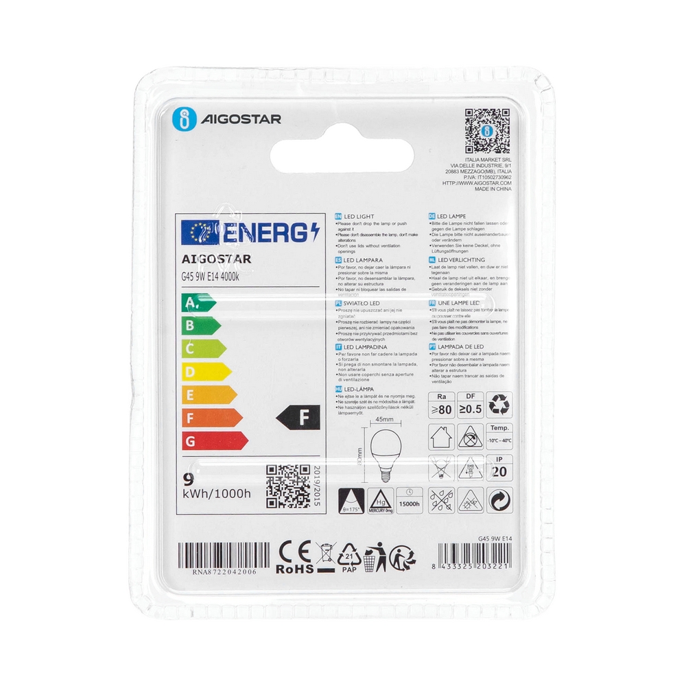 Lampadina Led E14 G45 a sfera 9W Bianco neutro 4000K Aigostar - Foto 3