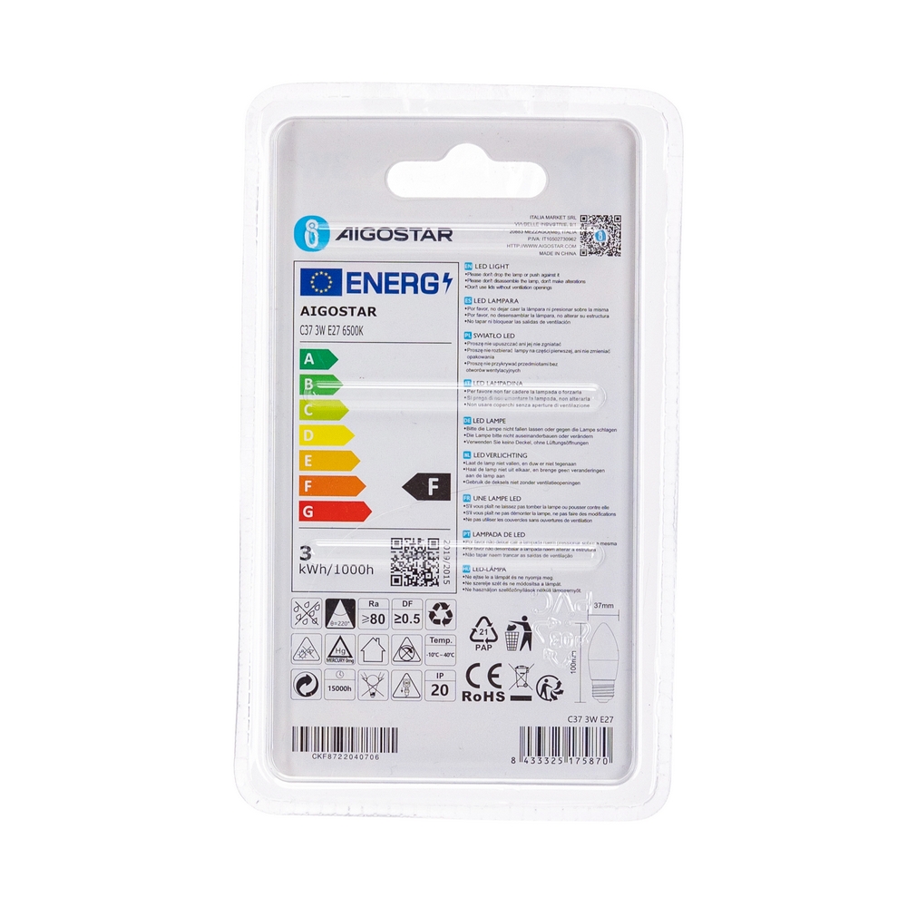 Lampadina Led E27 C35 a candela 3W Bianco freddo 6400K Aigostar - Foto 3