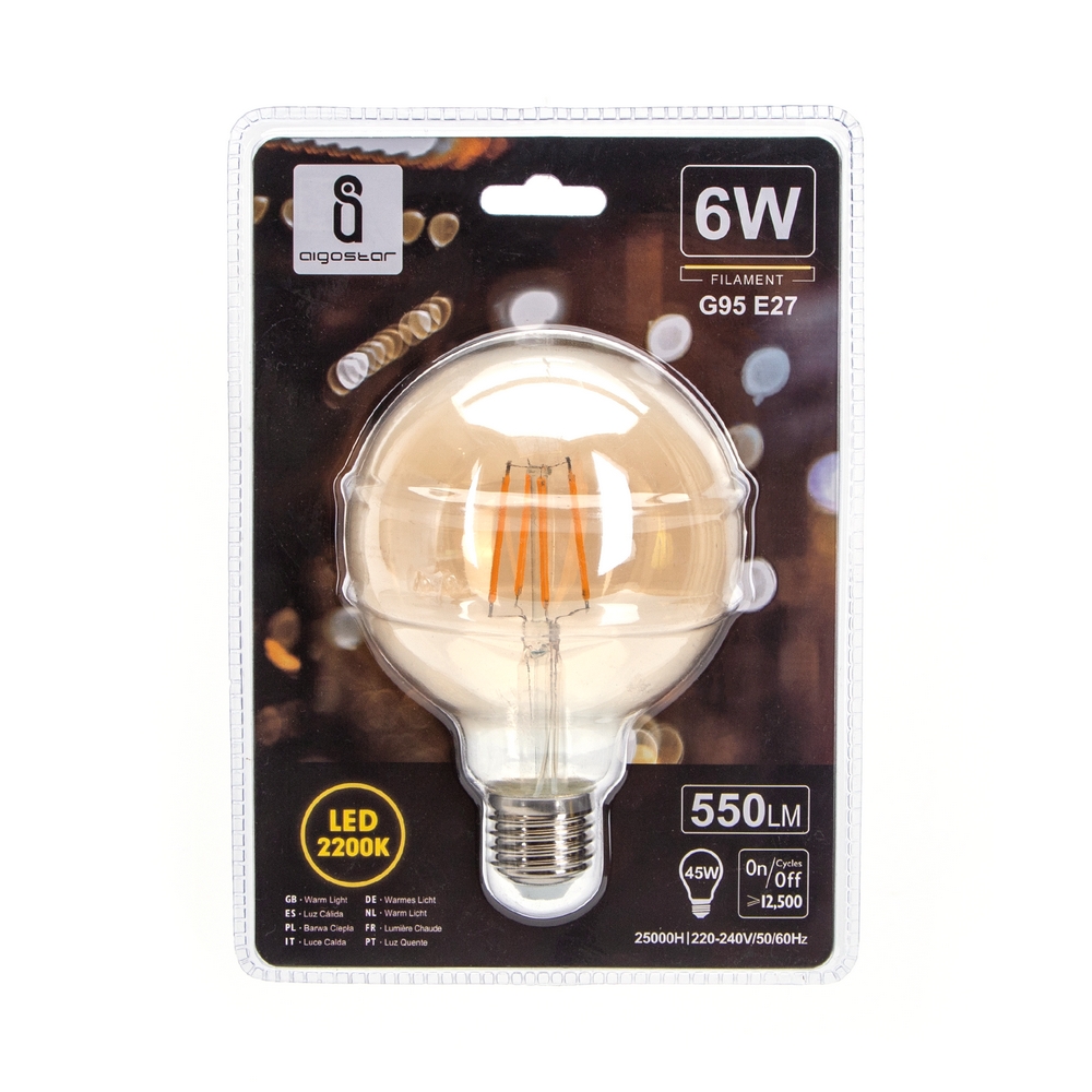 Lampadina Led Vintage a Filamento E27 G95 a globo 6W Bianco caldo 2200K Aigostar - Foto 2