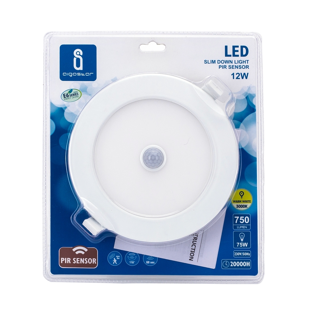 Faretto Led slim da incasso 12W Rotondo Cornice bianca Apertura 120 gradi Bianco caldo 3000K con sensore di movimento Aigostar - Foto 1