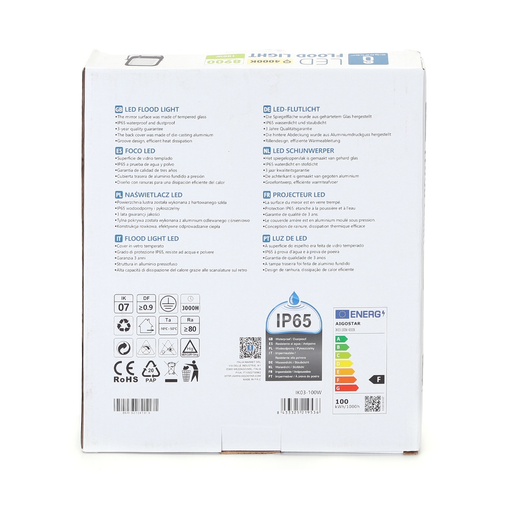 Faro proiettore Led 100W Nero da esterno IP65 Bianco neutro 4000K Aigostar - Foto 4