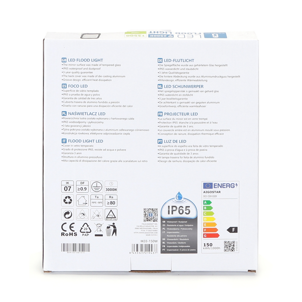 Faro proiettore Led 150W Nero da esterno IP65 Bianco freddo 6500K Aigostar - Foto 4