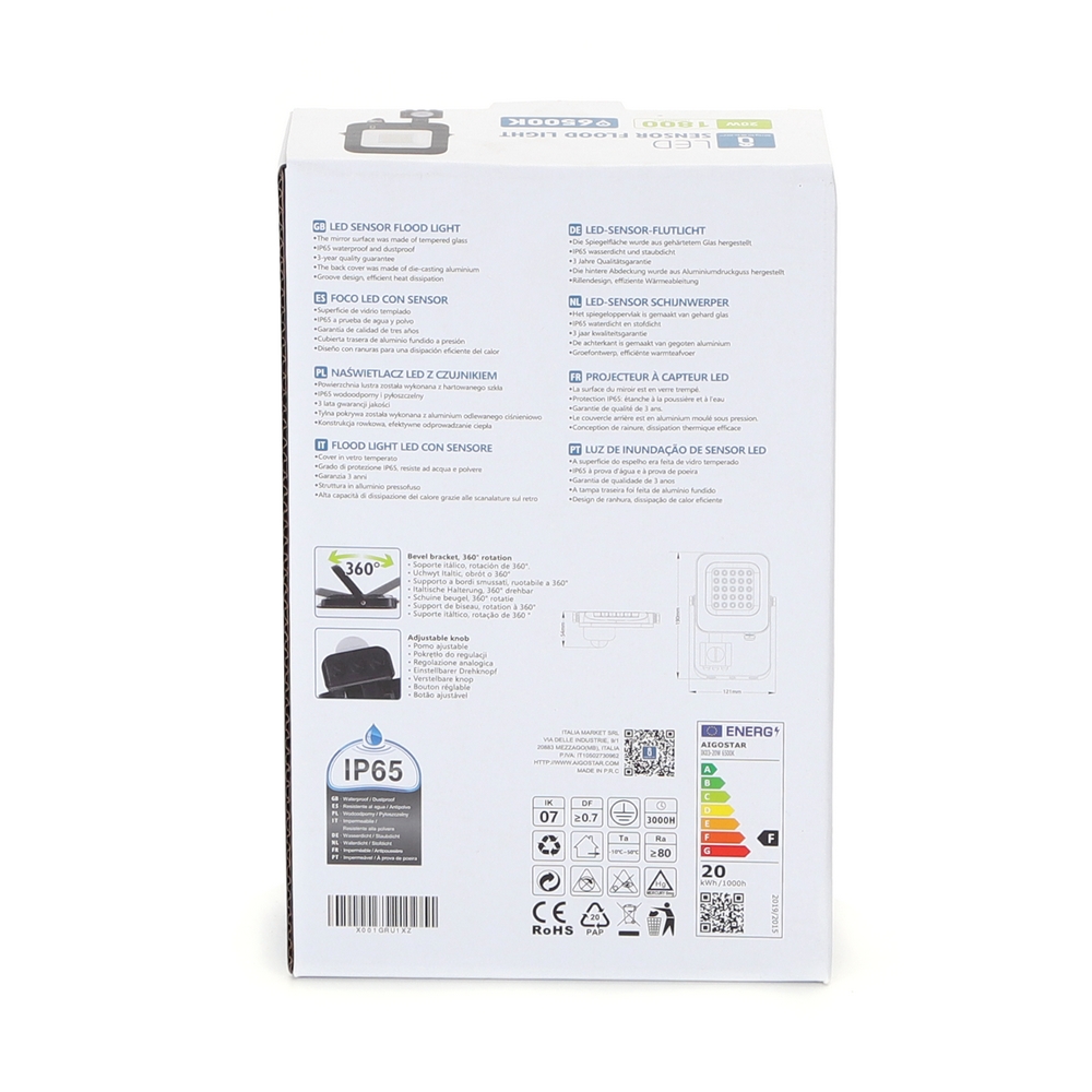 Faro proiettore Led 20W Nero da esterno IP65 Bianco freddo 6500K con sensore crepuscolare e di movimento Aigostar - Foto 4