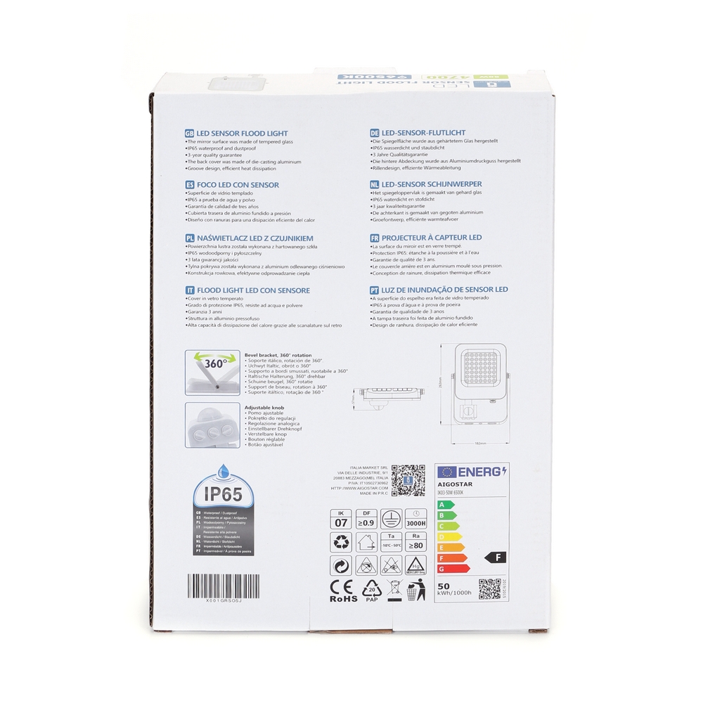 Faro proiettore Led 50W Bianco da esterno IP65 Bianco freddo 6500K con sensore crepuscolare e di movimento Aigostar - Foto 4