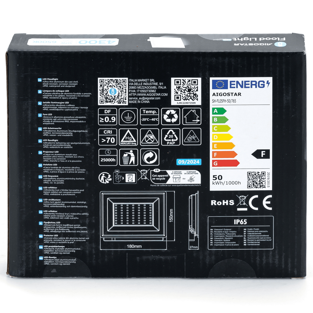 Faro proiettore Led 50W Bianco da esterno slim IP65 Bianco freddo 6500K Aigostar - Foto 5