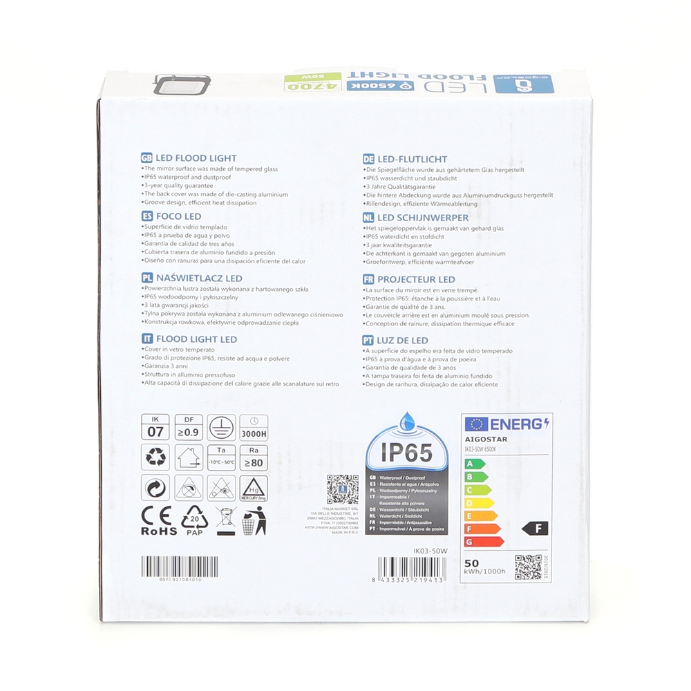 Faro proiettore Led 50W Nero da esterno IP65 Bianco freddo 6500K Aigostar - Foto 4