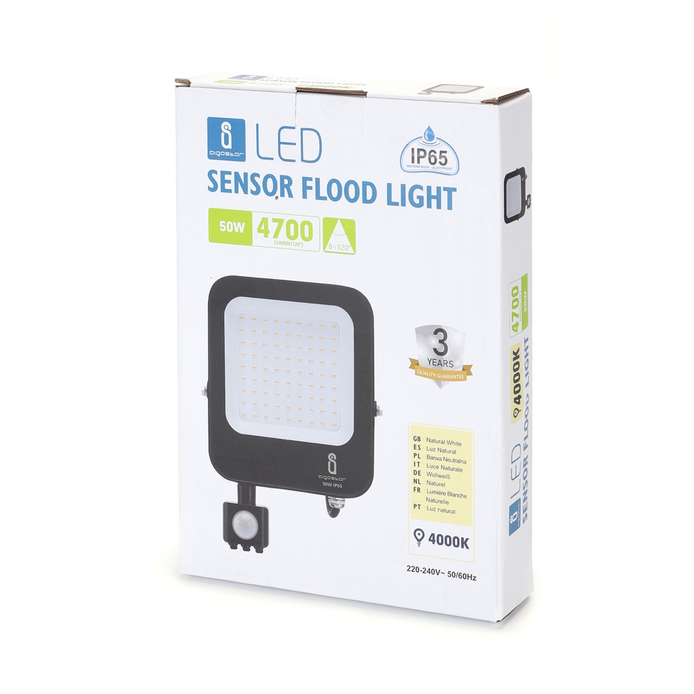 Faro proiettore Led 50W Nero da esterno IP65 Bianco neutro 4000K con sensore crepuscolare e di movimento Aigostar - Foto 3