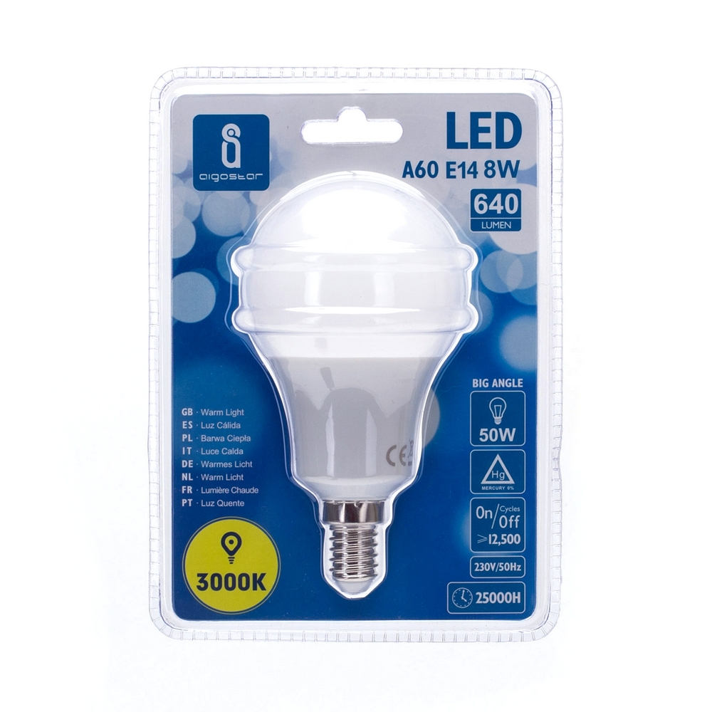 Lampadina Led E14 A60 a bulbo 8W Bianco caldo 3000K Aigostar - Foto 1