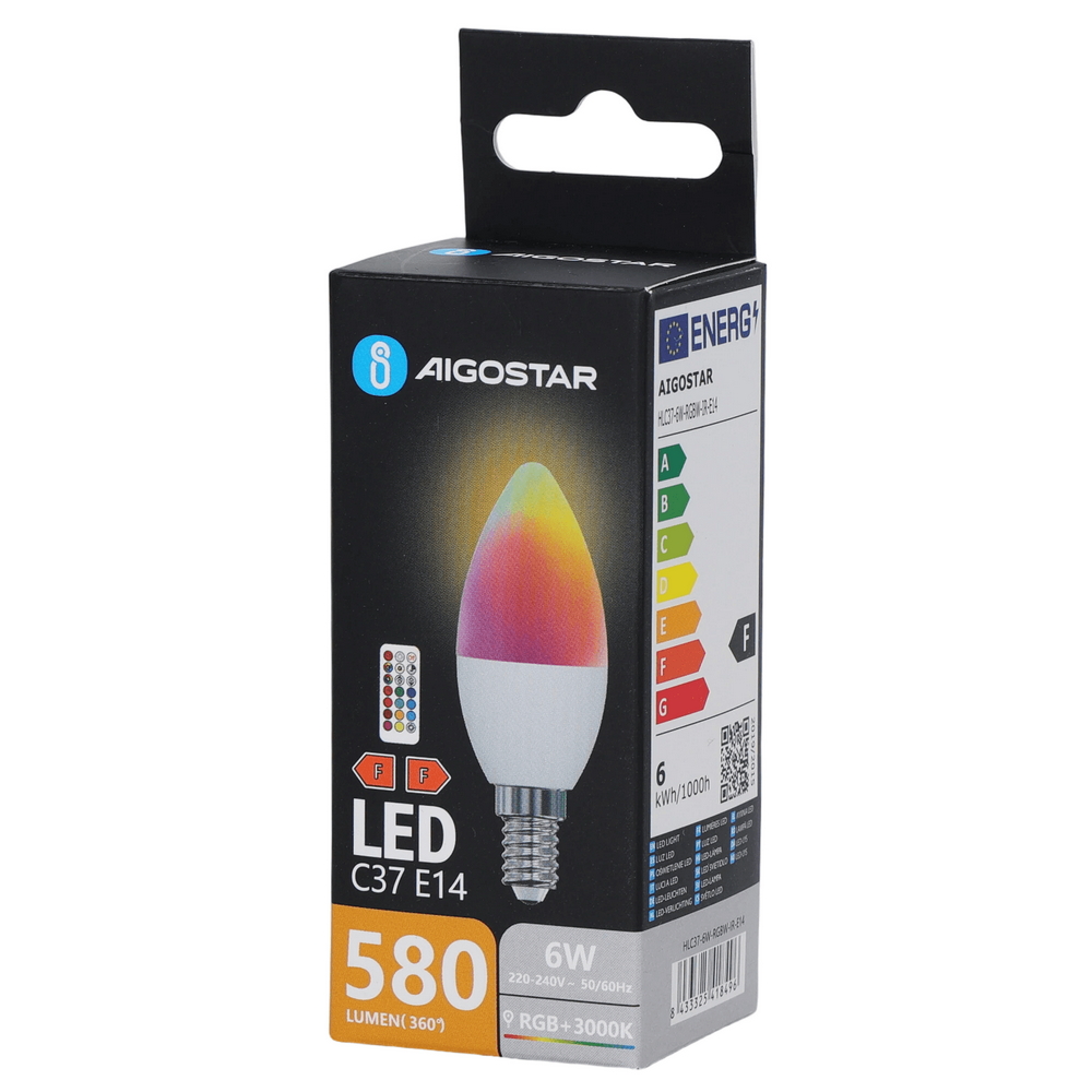 Lampadina Led E14 C37 a oliva 6W RGB + Bianco caldo 3000K con telecomando Aigostar - immagine 5