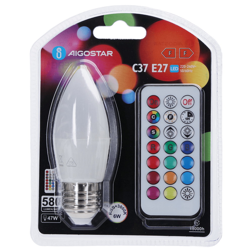 Lampadina Led E27 C37 a oliva 6W RGB + Bianco caldo 3000K con telecomando Aigostar - immagine 5