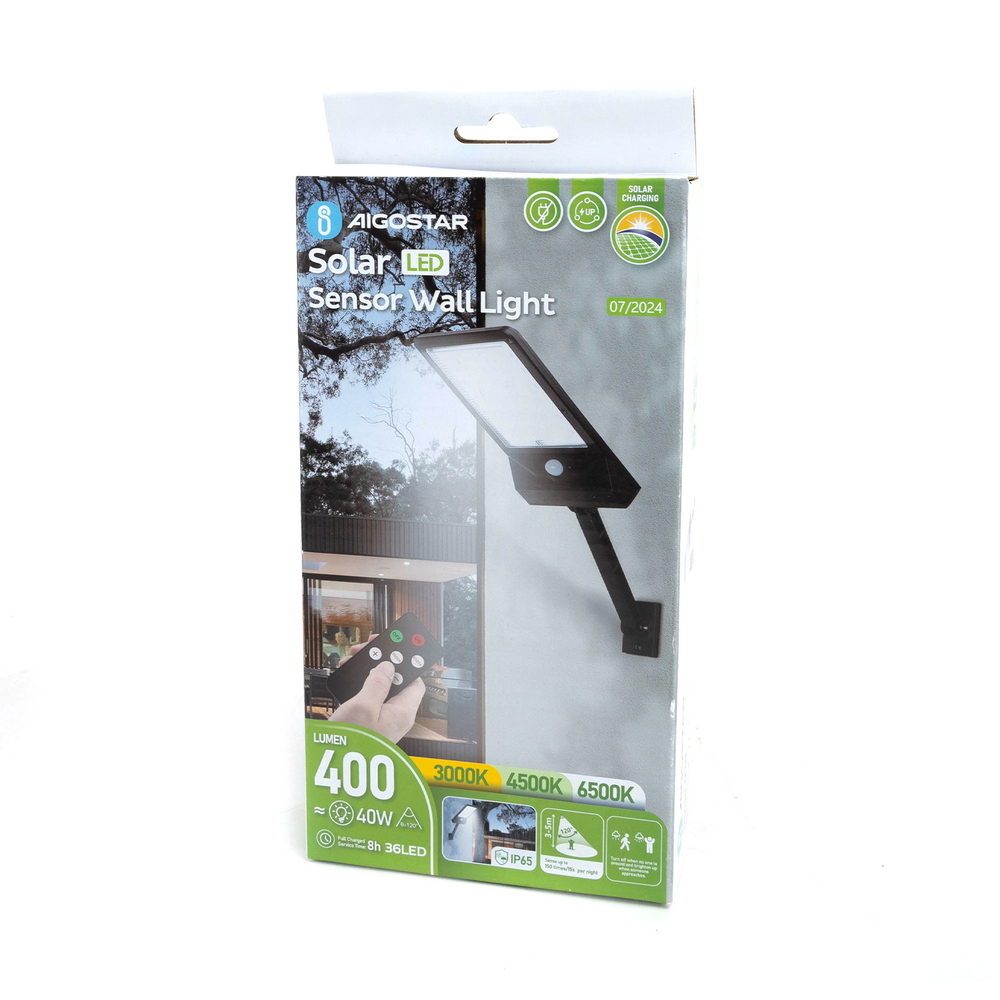 Faro Led 40W Nero con pannello solare IP65 Bianco freddo 6500K con staffa sensore crepuscolare e di movimento Aigostar - Foto 7