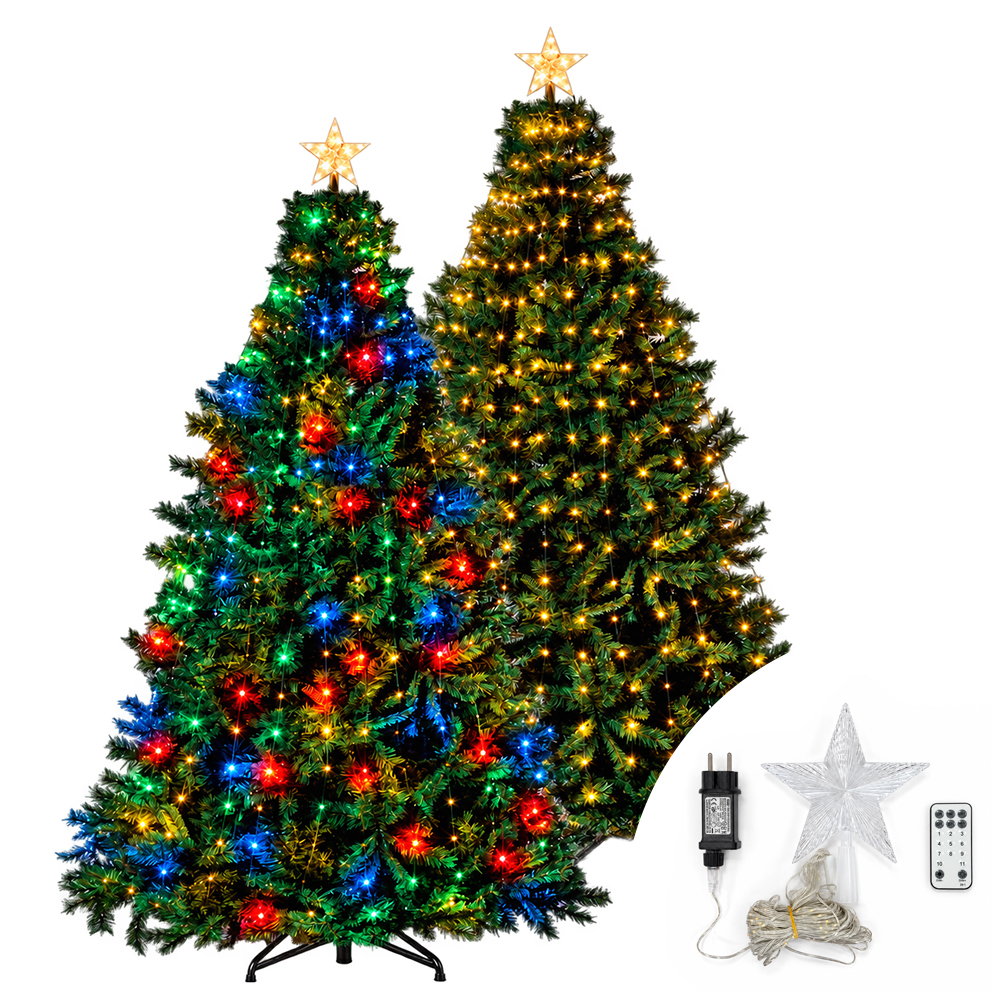 Foto principale Mantello a cascata di luci con puntale Stella per Albero di Natale da 160cm 328 Led Bianco Caldo e RGB con telecomando Wisdom