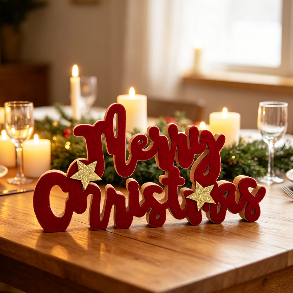 Scritta luminosa decorativa Merry Christmas 20 Microled Bianco Caldo in legno di colore rosso e dorato a batteria Wisdom - Foto 1