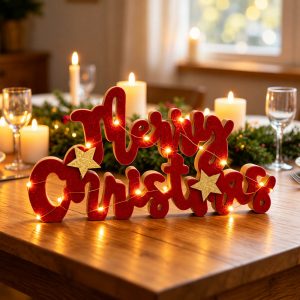 Foto principale Scritta luminosa decorativa Merry Christmas 20 Microled Bianco Caldo in legno di colore rosso e dorato a batteria Wisdom